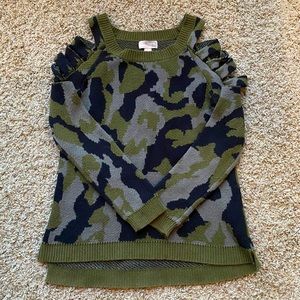 Camo cold shoulder sweater